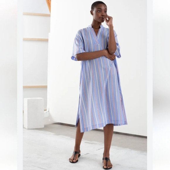 & Other Stories Striped Lyocell A-Line Midi Short Sleeve Shirt Dress Oversize 6 - Picture 15 of 15